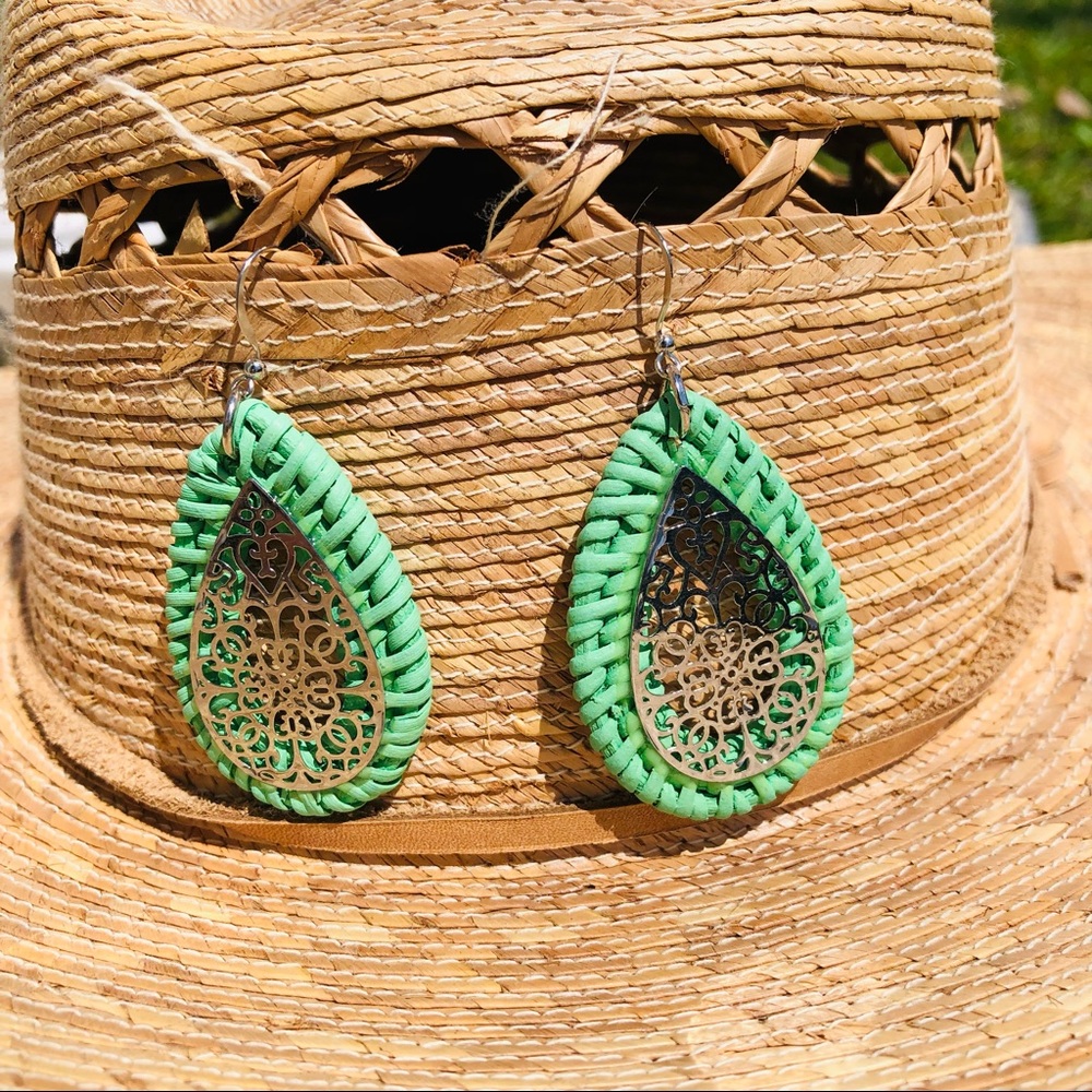Boho Sea Green Turquoise Leather and Silver Filigree Drop Earrings